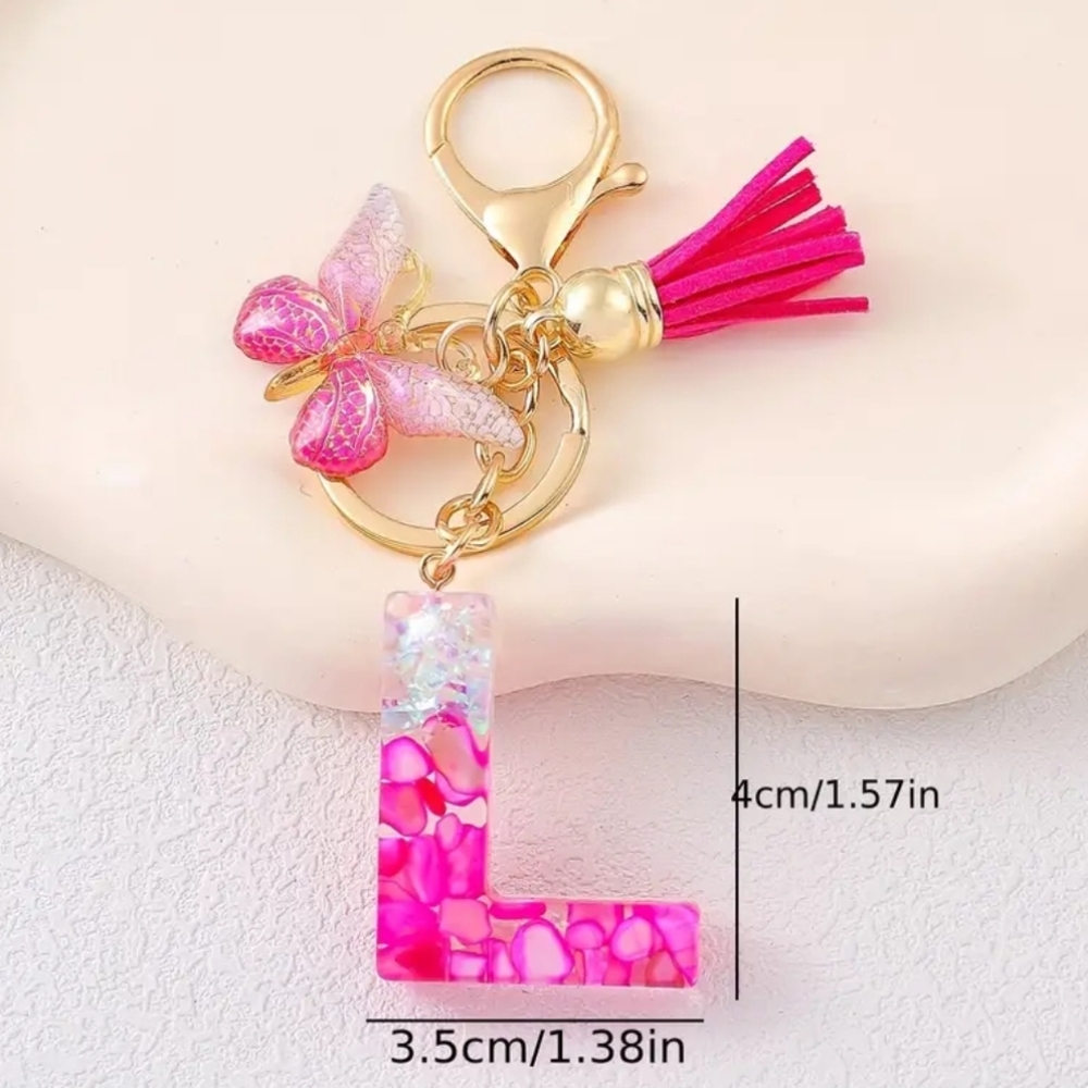 NEW! Resin Letter "L" Initial Keychain Purse Charm w/ Ombre Butterfly & Tassel